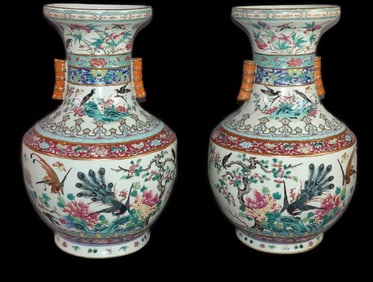 PR. ANTIQUE CHINESE FAMILLE ROSE TEMPLE VASES