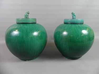 PAIR ANTIQUE GREEN CHINESE CERAMIC URNS