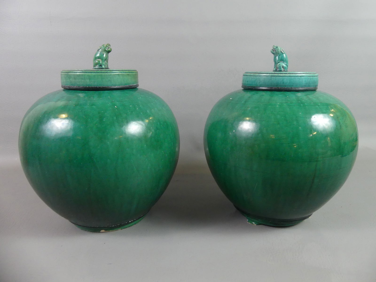 PAIR ANTIQUE GREEN CHINESE CERAMIC URNS (1 of 4)