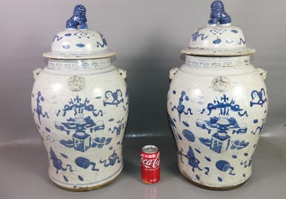 PAIR LARGE BLUE & WHITE CHINESE COVERED JARS