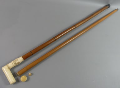 2 OLD CANES: FLASK & CARVED BONE