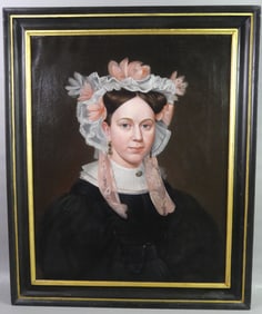 AMERICAN FOLK ART PORTRAIT OF LOVELY WOMAN CA 1840