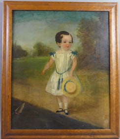 FOLK ART PORTRAIT OF GIRL & TOY BOAT