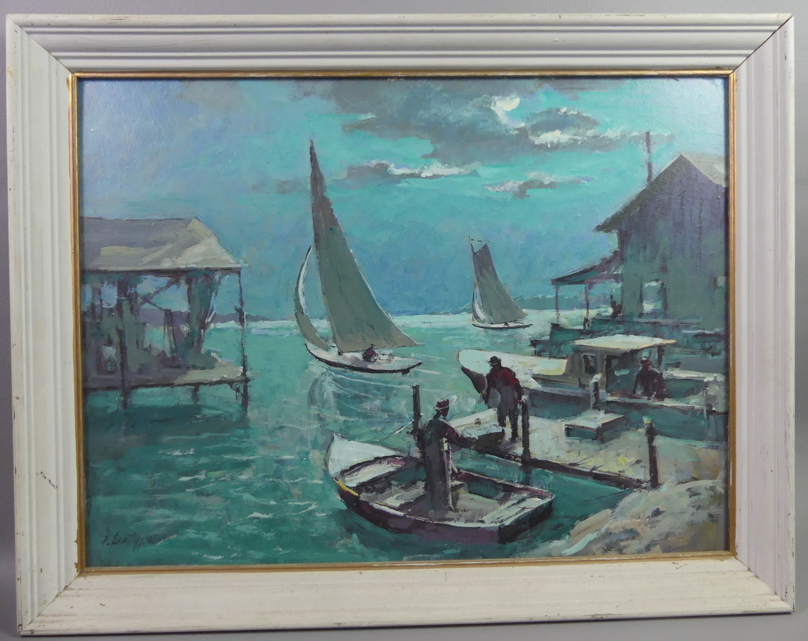 F. BEATTY PAINTING - SARASOTA FLORIDA: Oil painting on masonite of a harbor scene titled verso --Boat Docks, Long Boat Key near Sarasota Florida. Signed F. Beatty '76. 18 x 24, framed 22 x 28 in. (Frank Beatty 1899 - 1984 was active/lived