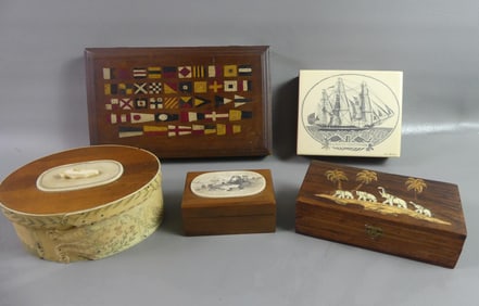 5 OLD BOXES - SCRIMSHAW & PAINTED