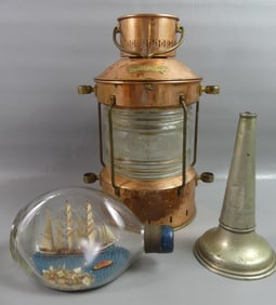 3 NAUTICAL ITEMS: LIGHT, SHIP IN BOTTLE, HORN