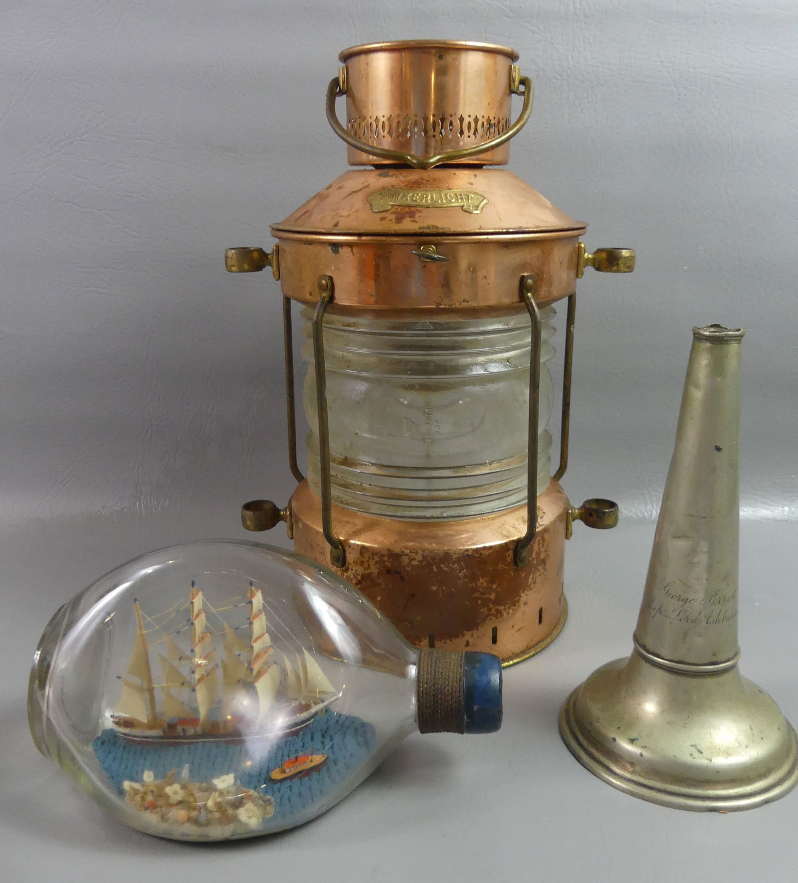 3 NAUTICAL ITEMS: LIGHT, SHIP IN BOTTLE, HORN (1 of 2)