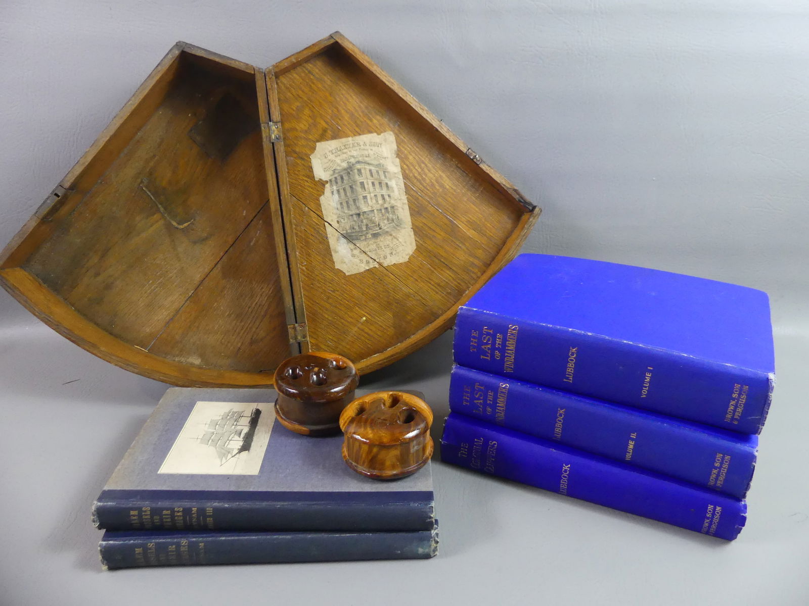 NAUTICAL: DEAD EYES & BOOKS & SEXTANT CASE (1 of 6)