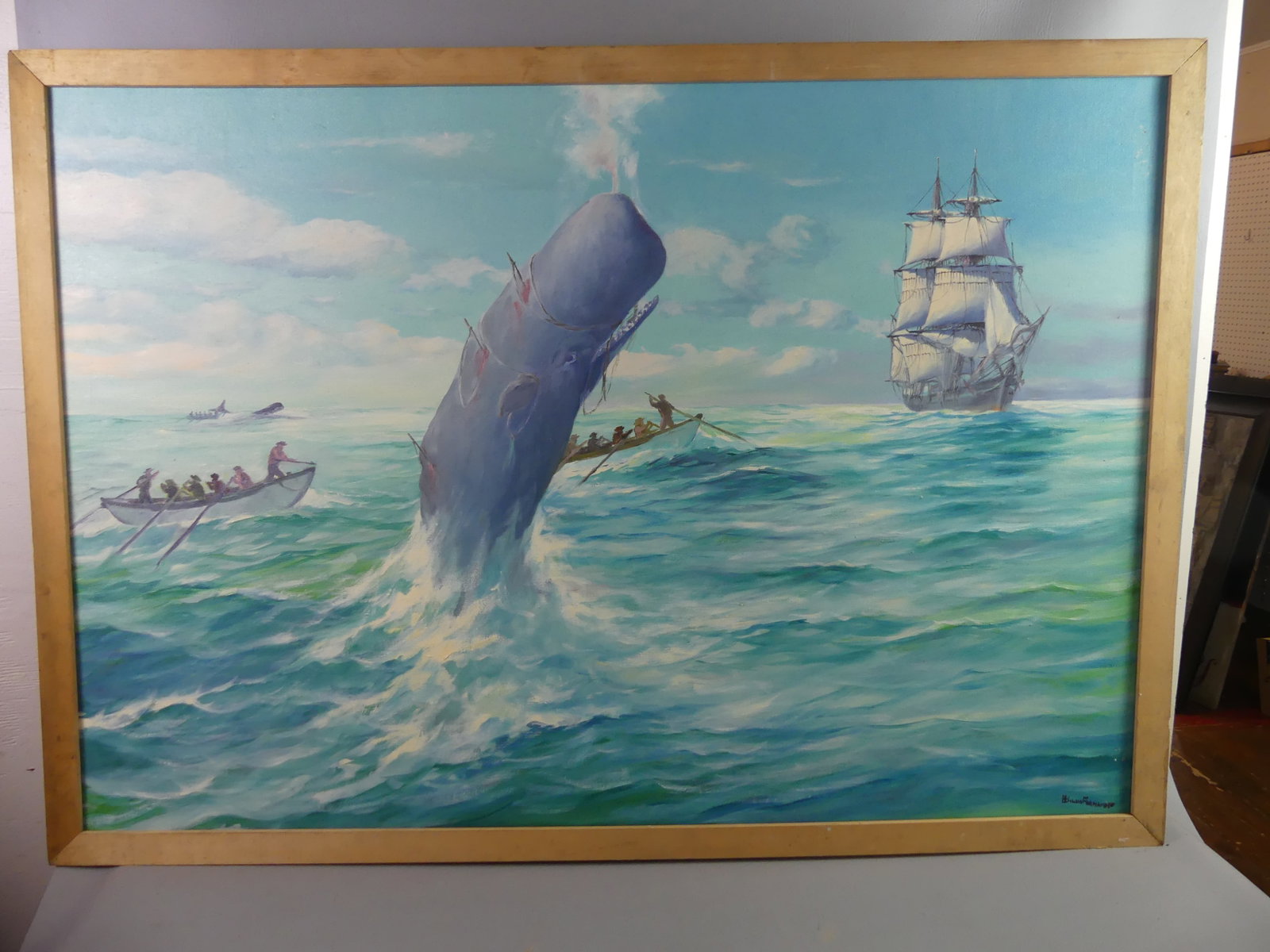 SYLVA FERNANDES WHALING PAINTING: Large oil painting on canvas with whaling scene and men in longboats harpooning a breaching whale signed H. Sylva Fernandes. 33 x 48 in, framed 37 x 52 in. (Fernandes was a 20th century MA artist from