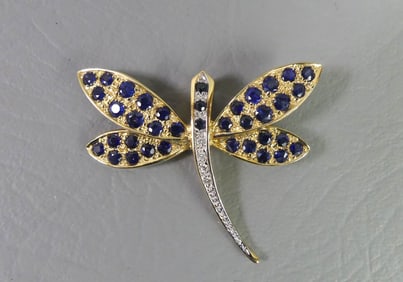 GOLD BROOCH W/SAPPHIRES & DIAMONDS - DRAGONFLY