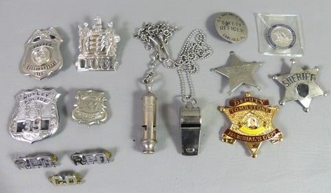 LOT VARIOUS BADGES & WHISTLES