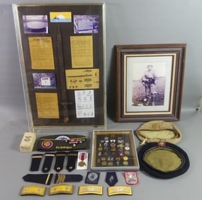 MILITARY LOT W/CAPS, PINS, RELICS
