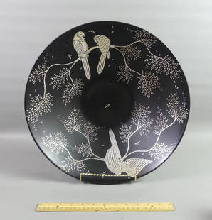 EMILIA CASTILLO LARGE BOWL - PARROTS: Large black glazed pottery centerpiece bowl with silver overlay of parrots and trees signed Emilia Castillo, Plata Pura Mexico, 97/22. 16.5 in diameter and 4 in high. Excellent condition.