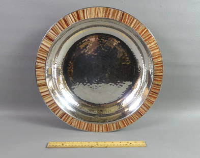 EMILIA CASTILLO INLAID SILVER CENTERPIECE BOWL: Hand hammered, silver plated large footed bowl with inlaid 1.25 inch stone rim. Signed Emilia Castillo 70-85 Mexico Plateado. Size: 16.5 x 3.25 in high.