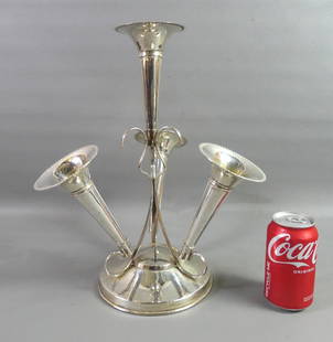 SILVER PLATED EPERGNE VASE: Graceful, old silver plated centerpiece epergne with 4 trumpet-shaped, removable flower vases. No marks. 15 in tall and 12 in wide.