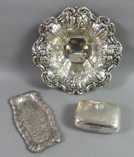 STERLING SILVER LOT - FRANCIS I BOWL: Lot of 3 pieces of sterling silver including Reed and Barton Francis Ist bowl, 8 in; Gorham 4 in engraved box; and fancy vanity tray, 6.5 in. Total 15.75 ozt.