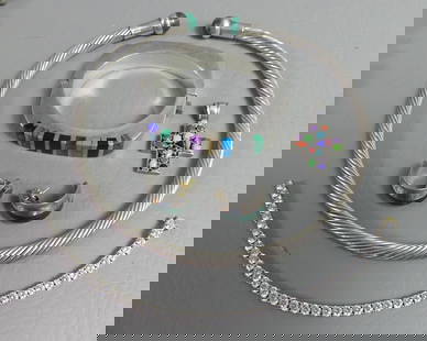 5 PIECES SILVER JEWELRY: 5 pieces sterling silver jewelry: heavy cuff bracelet; braided choker with malachite terminals; CZ bracelet, 7.5 in; cross with stones pendant; pair huggie earrings with malachite. Total 6.65 ozt.