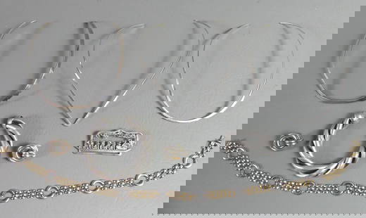 LOT ASSORTED STERLING JEWELRY: Lot of sterling silver jewelry including a heavy braided bracelet and pair of earrings; 2.25 in duckboat pin; 3 bib collars; and 17 inch two-color necklace. 6.3 ozt.