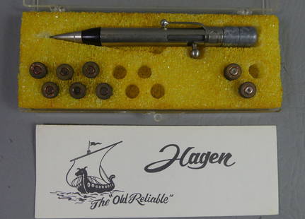 HAGEN TEAR GAS PEN: Old Hagen brand tear gas pen (FBI or spy use) with 8 pellets circa 1950's. Pen is 32 cal. and 4.5 in long, in original hard plastic case with instructions.