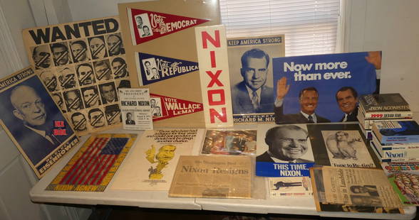 R. NIXON POSTERS & BOOKS: Lot of Richard Nixon political posters etc including 3 pennants; 8 posters - one mylar 1968 for Nixon/Agnew; 8 placemats of Nixon & family from 1968; newspapers; and 8 hardcover books related to the