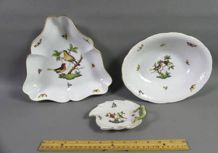 3 HEREND PORCELAIN SERVING PIECES: Lot of 3 Herend of Hungary hand painted porcelain serving bowls/tray in the Rothschild Bird design. To 10 in long. Excellent condition.