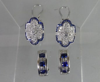 2 PAIR 18K SAPPHIRE & DIAMOND EARRINGS