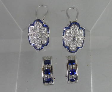 2 PAIR 18K SAPPHIRE & DIAMOND EARRINGS: Lot of two 18k white gold sapphire and diamond earrings. Art Deco design is 3/4 x 1/2 inch; other pair of huggy style. Total 8.7 dwt.