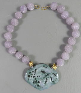 LAVENDER BEAD & JADE NECKLACE: Chunky lavender quartz bead (19mm) necklace enhanced with a large oval Chinese green jade pendant with dragon. Necklace is 16 in long but 22 in overall length with 3.25 in pendant.