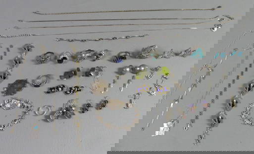 MISC. STERLING SILVER JEWELRY LOT: Lot of sterling silver jewelry including 8 rings, earrings, bracelets, necklaces, Noah's Ark bracelet, odd earrings. Total 6.55ozt.