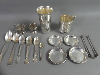 LOT STERLING CUPS & FLATWARE: Lot of sterling: 2 cups to 5.25 in; 2 reticulated demitasse cup holders; 4 small dishes; Early English tongs; 6 pieces of flatware. Total 19.22 ozt.