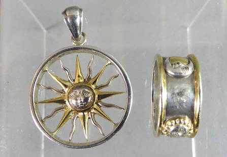 BUSTAMANTE STERLING RING & PENDANT: Sergio Bustamante sterling silver 2 color ring with sun and moon designs, size 8.5; and Bustamante pendant with sun, 1.15 in long. Both have signature and hallmarks. 13.5 dwt.