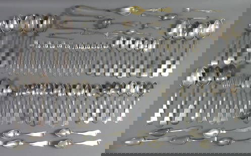 LOT COIN & STERLING SILVER FLATWARE: Large lot of coin silver and sterling silver flatware to 9 in long including 5 Easton & Sanford teaspoons from Nantucket, small Tiffany tongs, 12 fancy Dominic & Haff seafood forks, Large Benedict