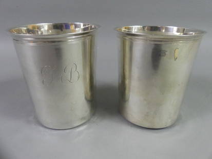 2 EARLY FRENCH SILVER BEAKERS: Lot of 2 early French silver beakers, maker LJB. Each about 4 x 3 inches. Has several hallmarks. One cup engraved LB. Weighs 7.36 ozt.