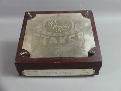 BREEDER'S CUP STERLING & WOOD BOX: Vintage Breeder's Cup canted lift top box with engraved sterling silver plaques from 2006. 9 x 7 x 6 in.