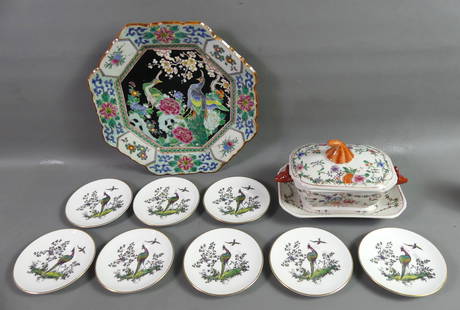 LOT ASSORTED CERAMIC ITEMS: Lot of various old ceramic items: 12 in Nippon ceramic plate with birds; 8 Royal Worcester saucers with birds, 4.75 in; 8 in unsigned covered tureen with boar heads attributed Samson. All VG condition
