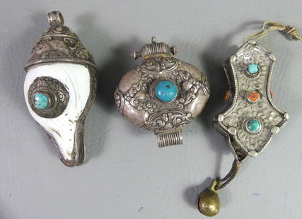 3 ASIAN SILVER OBJECTS: Lot of 3 antique Asian silver-mounted items: Heavy shell pendant with inset turquoise; pendant with slide-out box and bell having turquoise and coral inset gems; and oval box/pendant with copper and