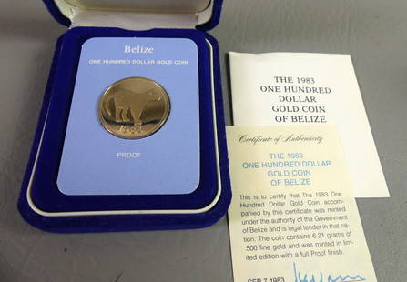 BELIZE $100 GOLD COIN 1983: $100 gold proof coin in case from Belize dated 1983. 25.4mm, weighs 6.21 grams. Contains .500 fine gold
