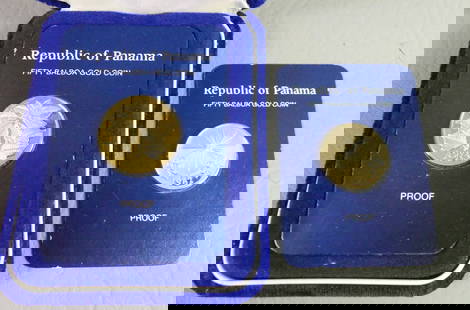 2 GOLD $50 PANAMA COINS: Lot 2 gold $50 proof coins from the Republic of Panama for 1982 and 1983, one in case. 19.05mm. Contains .500 fine gold. Weighs 9.7 dwt in packages.