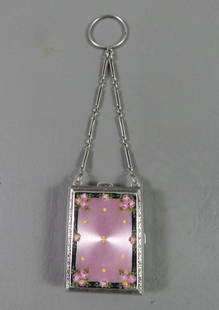 FRENCH ENAMELED SILVER COMPACT: Fine Art Deco period French enameled silver perfume compact with flip-out mirror, small flask, and 2 eyeliner? pencils. Has pink enamel rose decoration on front. Interior is signed Rodica, 935
