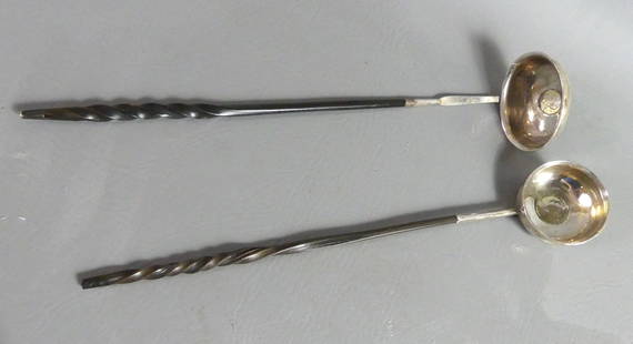 2 SILVER & BALEEN LADLES: Lot of 2 Continental silver ladles with baleen twist handles. The bowls have old inset coins. To 13.5 in long.