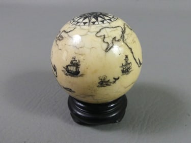 SCRIMSHAW BONE SPHERE OF GLOBE