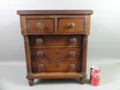 MINIATURE EMPIRE CHEST: 19th century small/miniature Empire mahogany doll's chest with 5 drawers, 19 x 16 x 9 in.