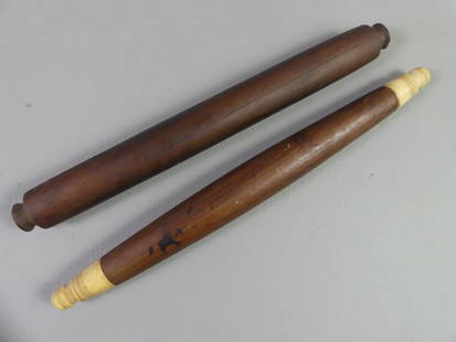 2 ROLLING PINS - WHALEBONE: Lot of 2 antique rolling pins to 16 in long. Both walnut, one with whalebone finials.