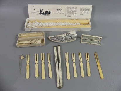 LOT MOSTLY WHALEBONE ITEMS: Lot of mostly whalebone items: 4 inch scrimshaw whale tooth with harbor scene signed NSJ 10/29/85; 3 inch mirrored case ca 1820; 9 picks; folding ruler; cigarette holder; and 2 spermacetti candles in