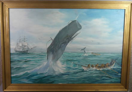 SYLVA FERNANDES WHALING PAINTING: Large old seascape painting on canvas depicting a whaling scene signed H. Sylva Fernandes. 32 x 47 in, framed 36 x 51 in.