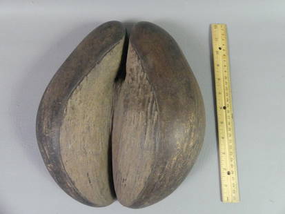 COCO DE MER DOUBLE SHELL BOWL: A rare double-sided bowl made from half of a Lodoicea, commonly known as the?sea coconut,?coco de mer, or?double coconut, is a?monotypic?genus in the?palm family. The sole species,?Lodoicea