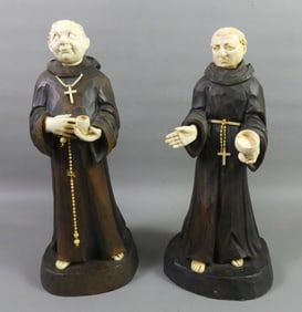 PAIR LARGE WOOD & BONE MONK FIGURES