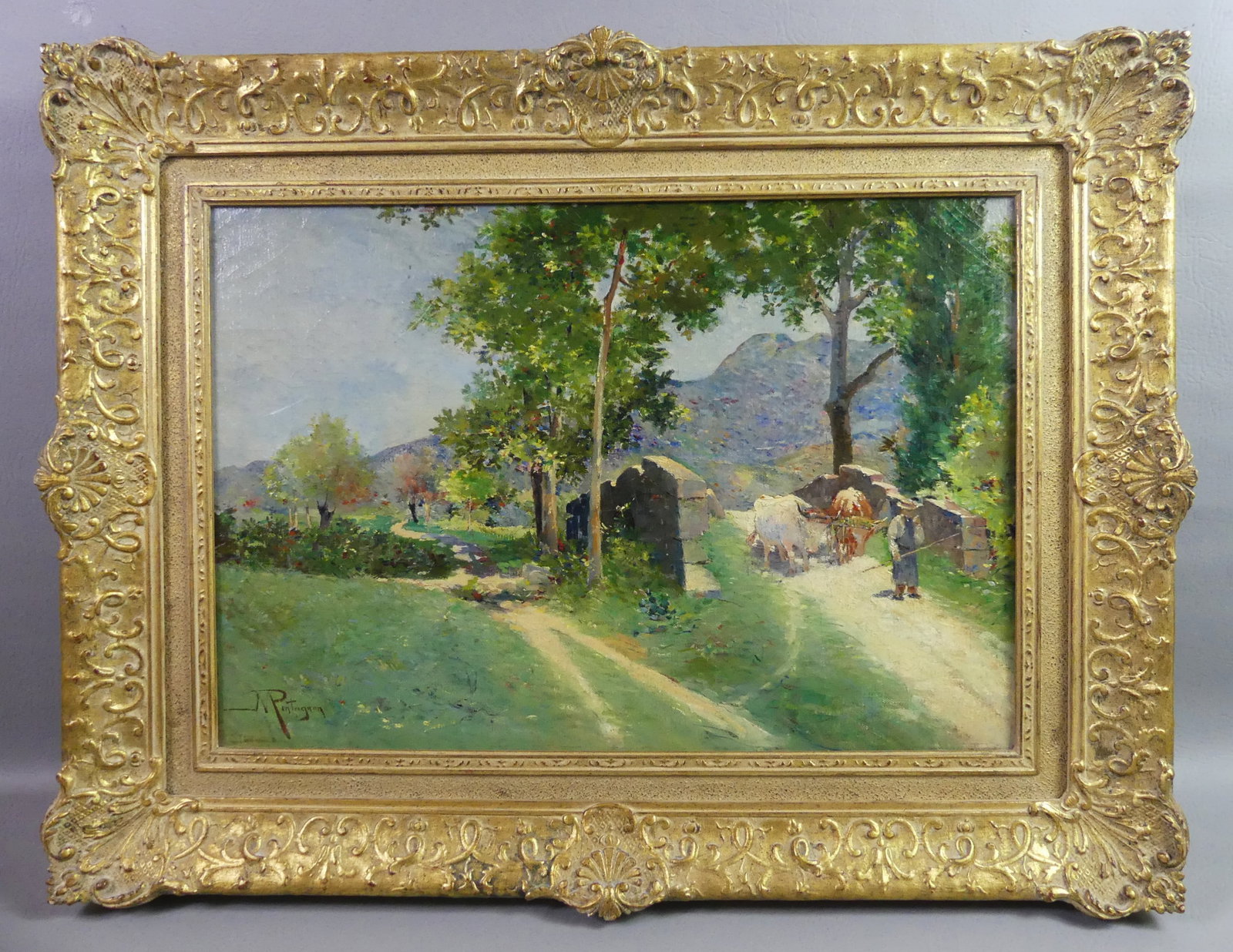 M. PONTAGRON PAINTING - FARMER & OXEN: Summer landscape oil painting on canvas depicting a farmer with oxen crossing a stone bridge signed M. Pontagron. 15 x 22 in, framed 22 x 28.5 in. VG condition.