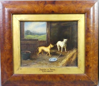 C.M. GREEN - BULLDOGS IN BARN PAINTING