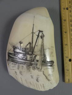 SCRIMSHAW WHALE TOOTH BY W. PARKER: Large, wide whale tooth with scrimshaw of a fishing trawler signed Wm. B. Parkert 4-14-81. 19.8 oz, 5.5 x 3.5 inches.